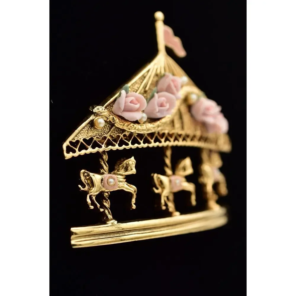 1928 Vintage Carousal Pin Brooch Horse Gold Pink Roses Romantic 1980s BinBG